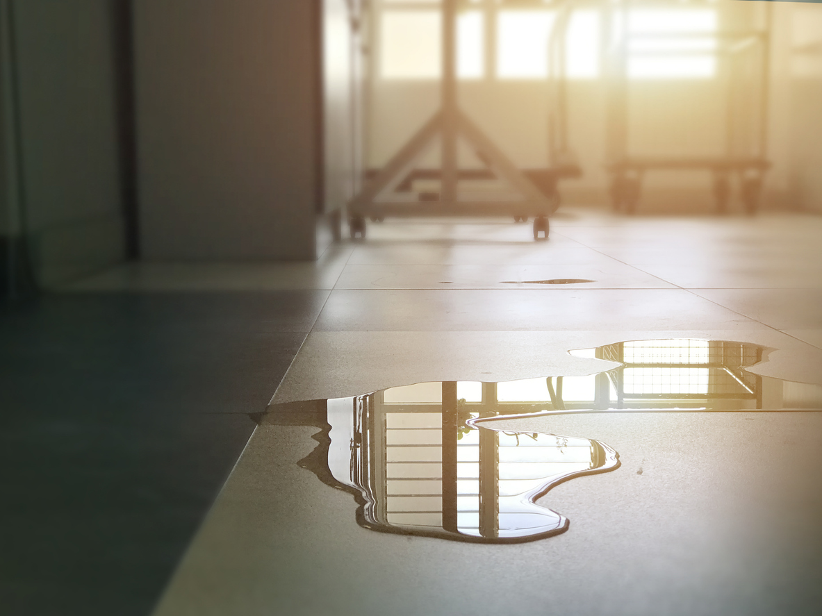 A water leak on the floor of a residential building, identified as clean water, the first type of water classification.